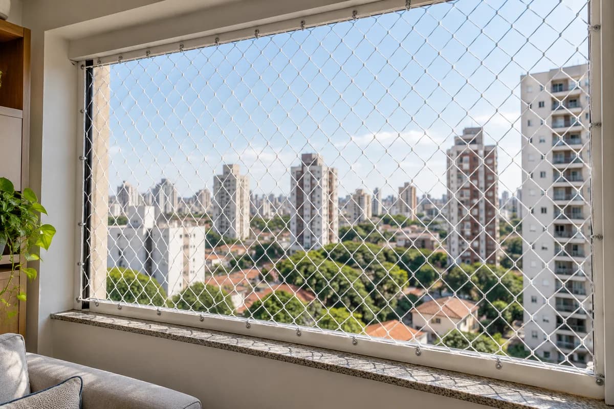Rede de proteção instalada em janela de apartamento