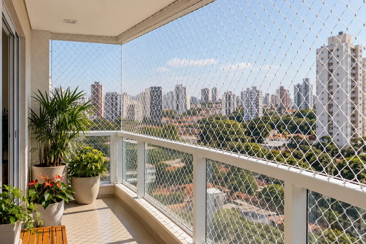 Rede de proteção instalada em varanda com vista panorâmica
